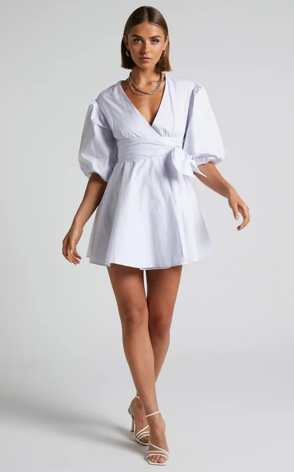 Showpo Zyla Mini Dress 8211 Puff Sleeve Wrap Dress In White Women Dresses