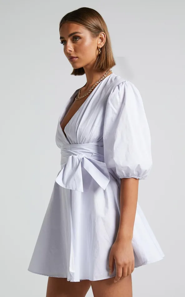 Showpo Zyla Mini Dress 8211 Puff Sleeve Wrap Dress In White Women Dresses