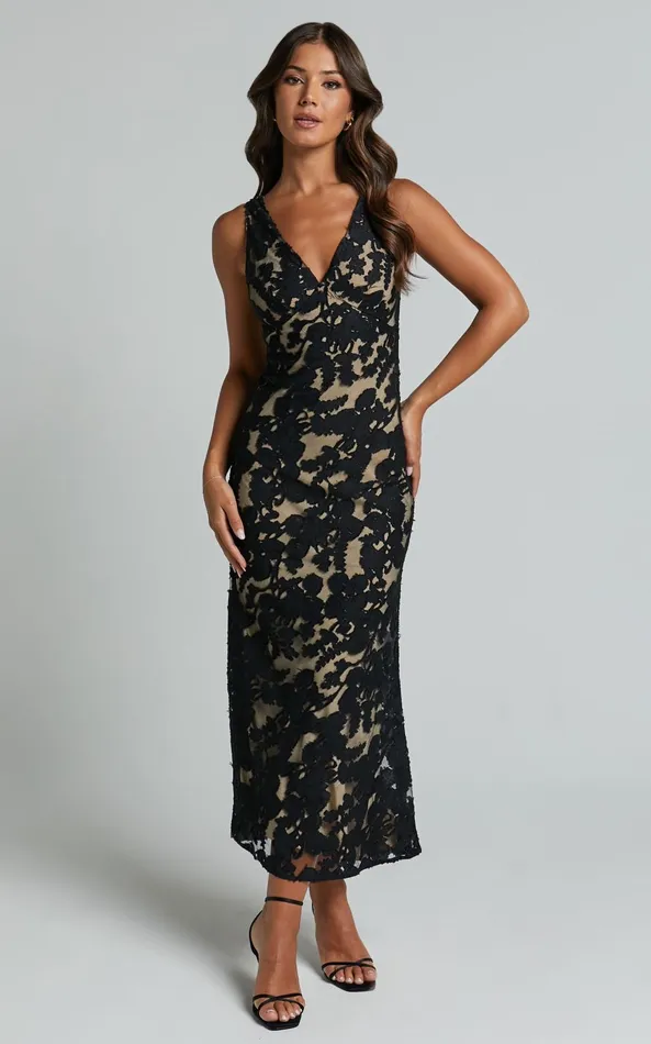 Showpo Zymae Midi Dress 8211 Deep V Neck Lace Slip Dress In Black Women Dresses
