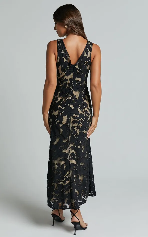 Showpo Zymae Midi Dress 8211 Deep V Neck Lace Slip Dress In Black Women Dresses
