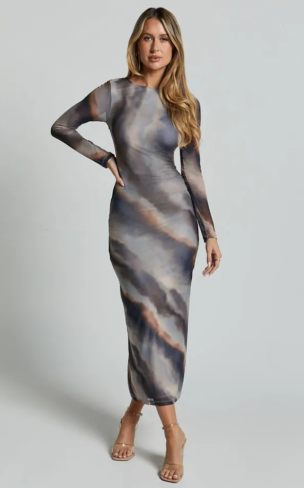 Showpo Zyra Midi Dress 8211 High Neck Long Sleeve Mesh Dress In Tie Dye Print Women Dresses Showpo Zyra Midi Dress 8211 High Neck Long Sleeve Mesh Dress In Tie Dye Print Women Dresses
