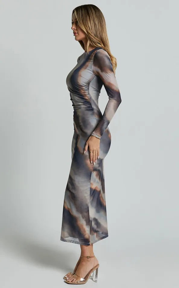Showpo Zyra Midi Dress 8211 High Neck Long Sleeve Mesh Dress In Tie Dye Print Women Dresses