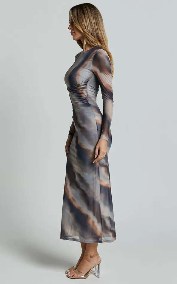 Showpo Zyra Midi Dress 8211 High Neck Long Sleeve Mesh Dress In Tie Dye Print Women Dresses