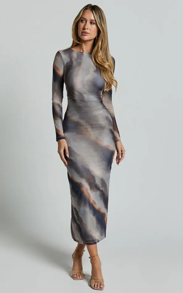 Showpo Zyra Midi Dress 8211 High Neck Long Sleeve Mesh Dress In Tie Dye Print Women Dresses