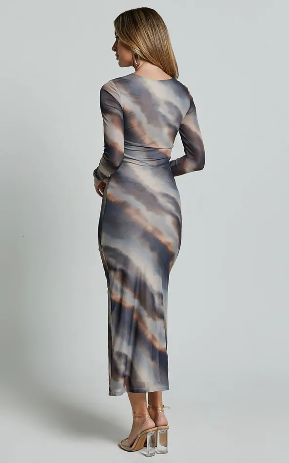 Showpo Zyra Midi Dress 8211 High Neck Long Sleeve Mesh Dress In Tie Dye Print Women Dresses
