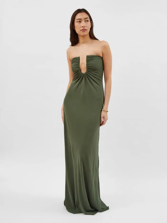 Women Arced Palm Strapless Dress Bottle Green The UNDONE Dresses