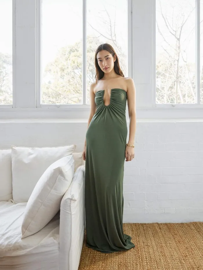 Women Arced Palm Strapless Dress Bottle Green The UNDONE Dresses