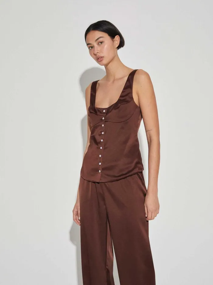 Women Button Down Vest Chocolate The UNDONE Tops