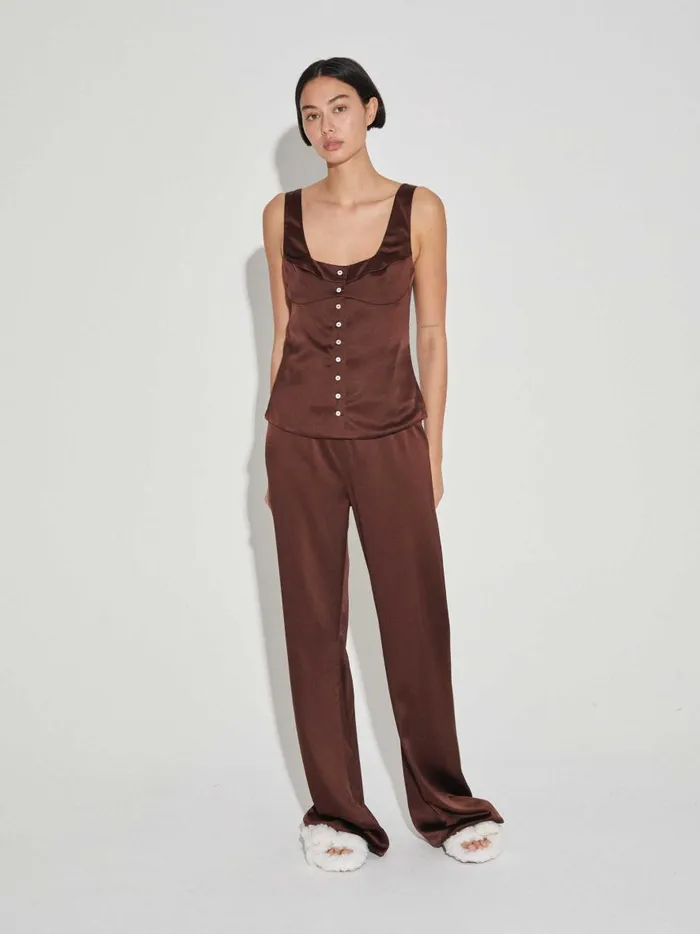 Women Button Down Vest Chocolate The UNDONE Tops