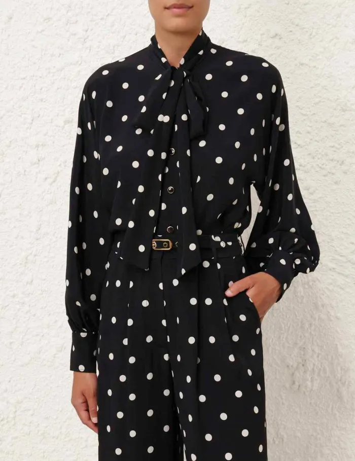 Women Clothing Zimmermann Batwing Blouse Black W Cream Dot