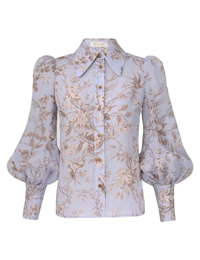 Women Clothing Zimmermann Blouson Shirt Blue Mockingbird