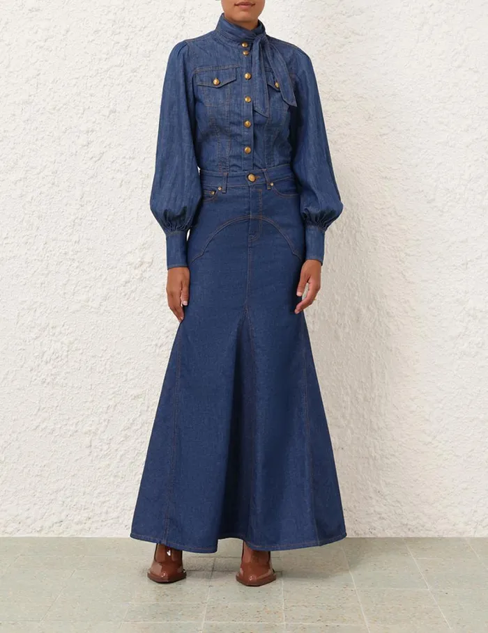 Women Clothing Zimmermann Denim Maxi Skirt Railway Blue