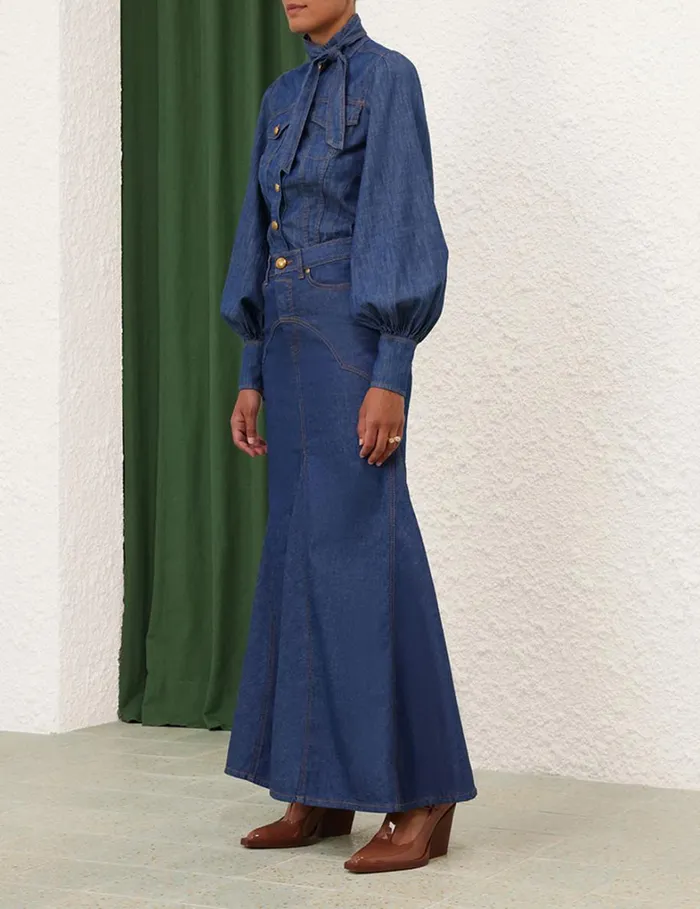 Women Clothing Zimmermann Denim Maxi Skirt Railway Blue