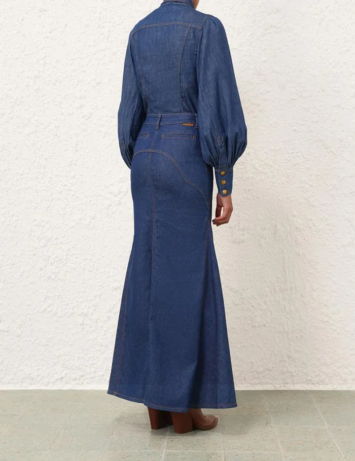 Women Clothing Zimmermann Denim Maxi Skirt Railway Blue