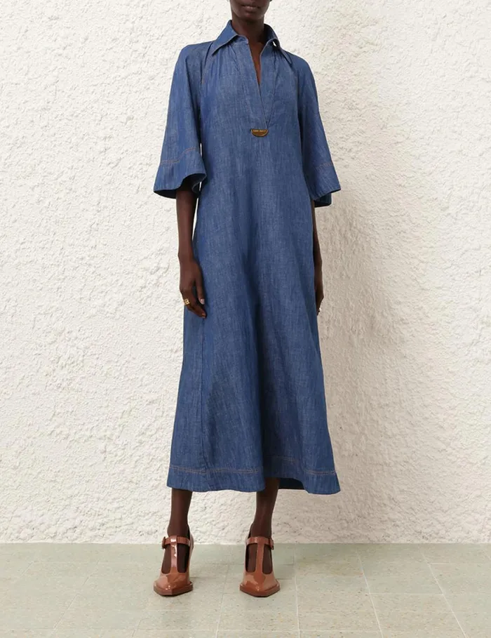 Women Clothing Zimmermann Denim Midi Dress Railway Blue