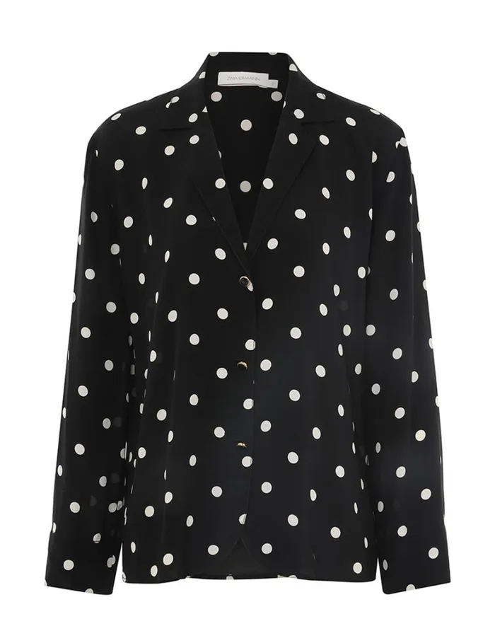 Women Clothing Zimmermann Lapel Shirt Black W Cream Dot