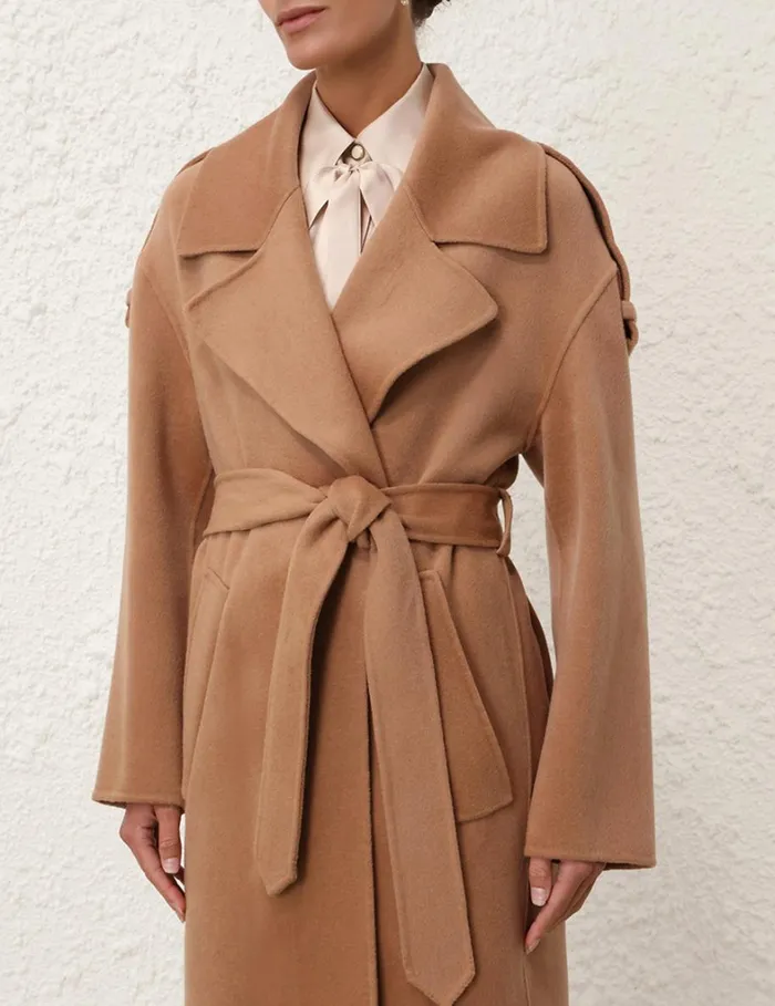 Women Clothing Zimmermann Natura Belted Long Coat Cinnamon