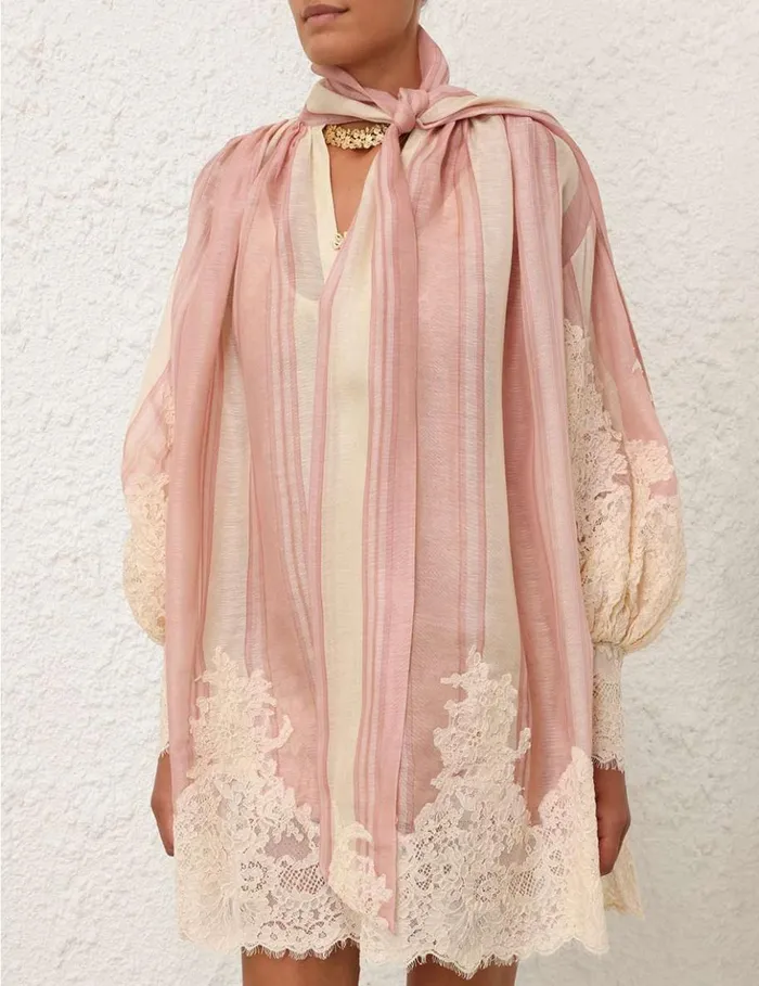Women Clothing Zimmermann Natura Lace Edge Tie Mini Pinkcream Stripe