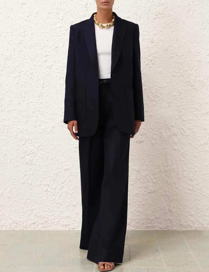 Women Clothing Zimmermann Natura Linen Wide Leg Pant Navy