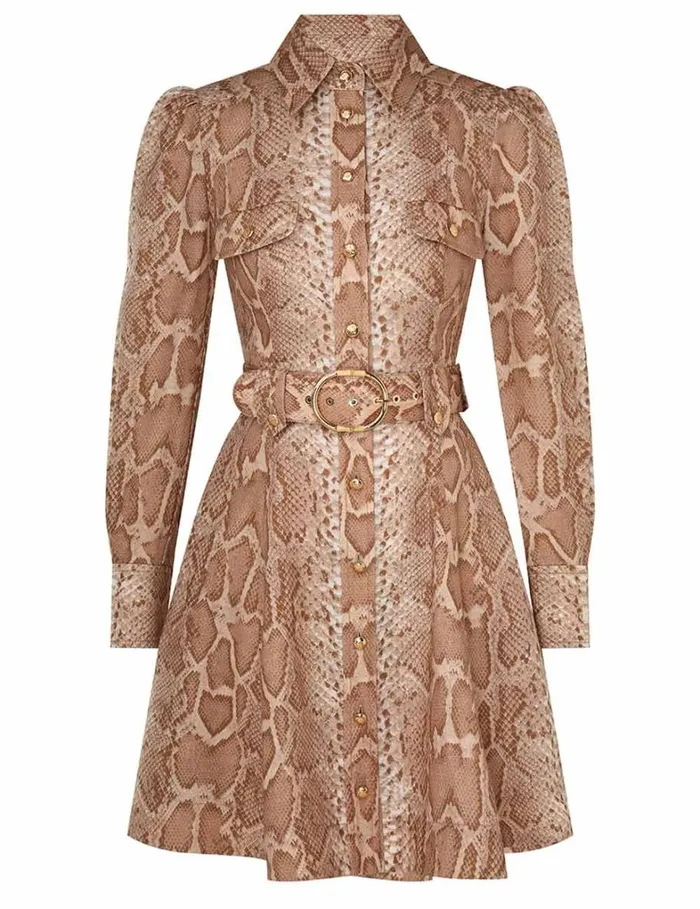 Women Clothing Zimmermann Natura Shirt Mini Dress Tan Snake