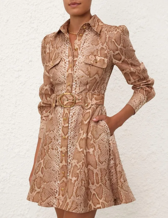 Women Clothing Zimmermann Natura Shirt Mini Dress Tan Snake