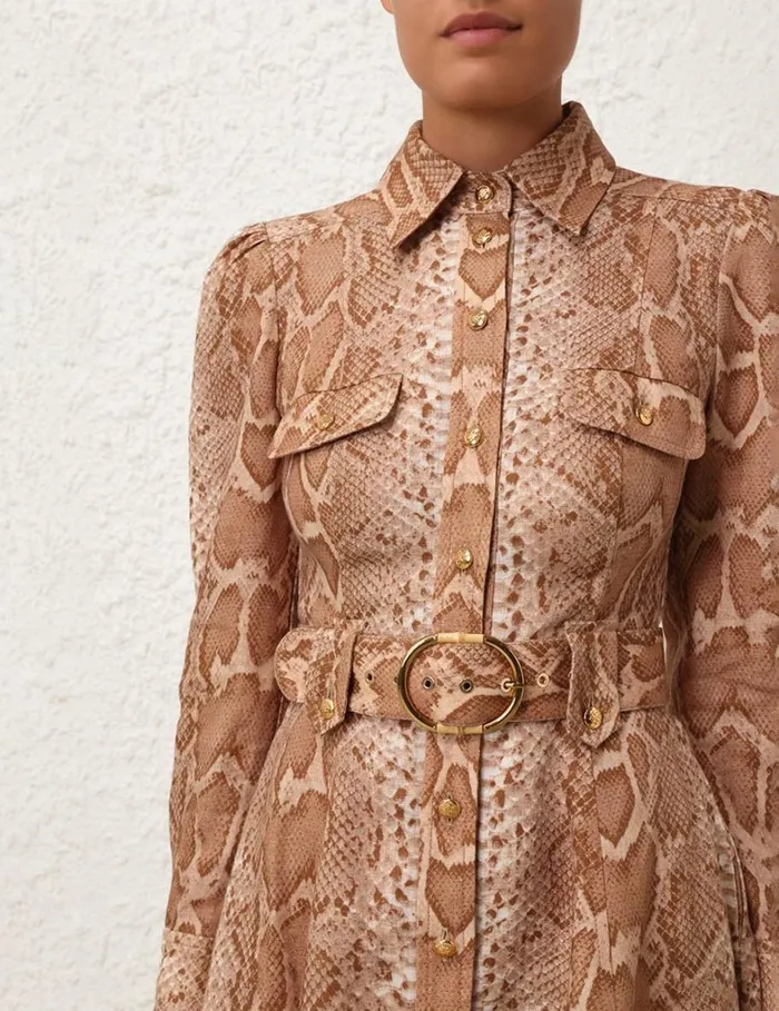 Women Clothing Zimmermann Natura Shirt Mini Dress Tan Snake