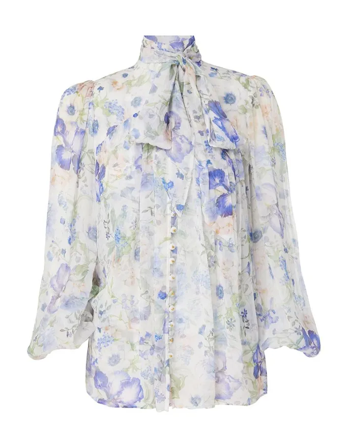 Women Clothing Zimmermann Natura Tie Neck Billow Top Blue Garden Print