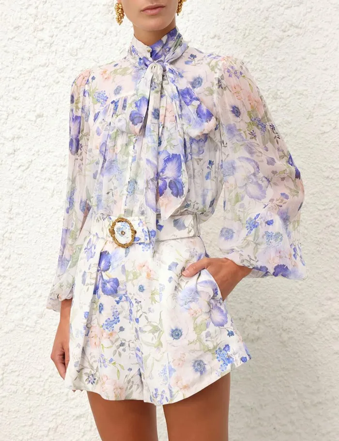 Women Clothing Zimmermann Natura Tie Neck Billow Top Blue Garden Print