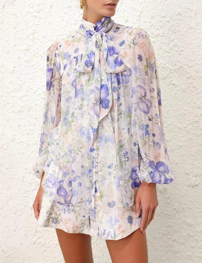 Women Clothing Zimmermann Natura Tie Neck Billow Top Blue Garden Print