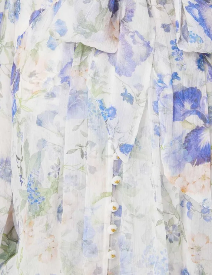 Women Clothing Zimmermann Natura Tie Neck Billow Top Blue Garden Print