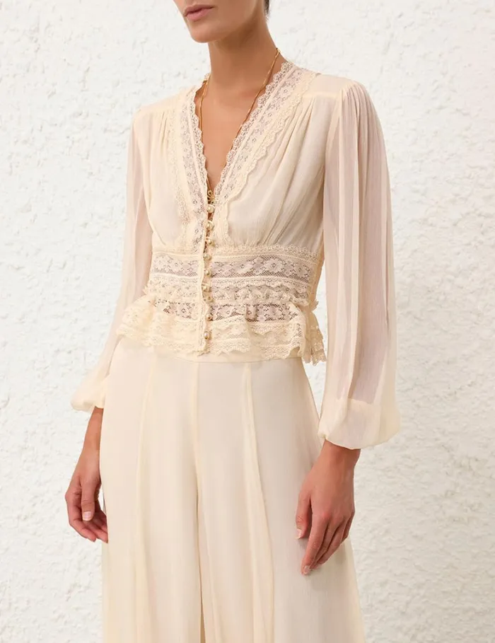 Women Clothing Zimmermann Natura V Neck Button Bodice Buff