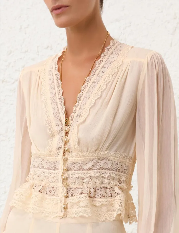 Women Clothing Zimmermann Natura V Neck Button Bodice Buff