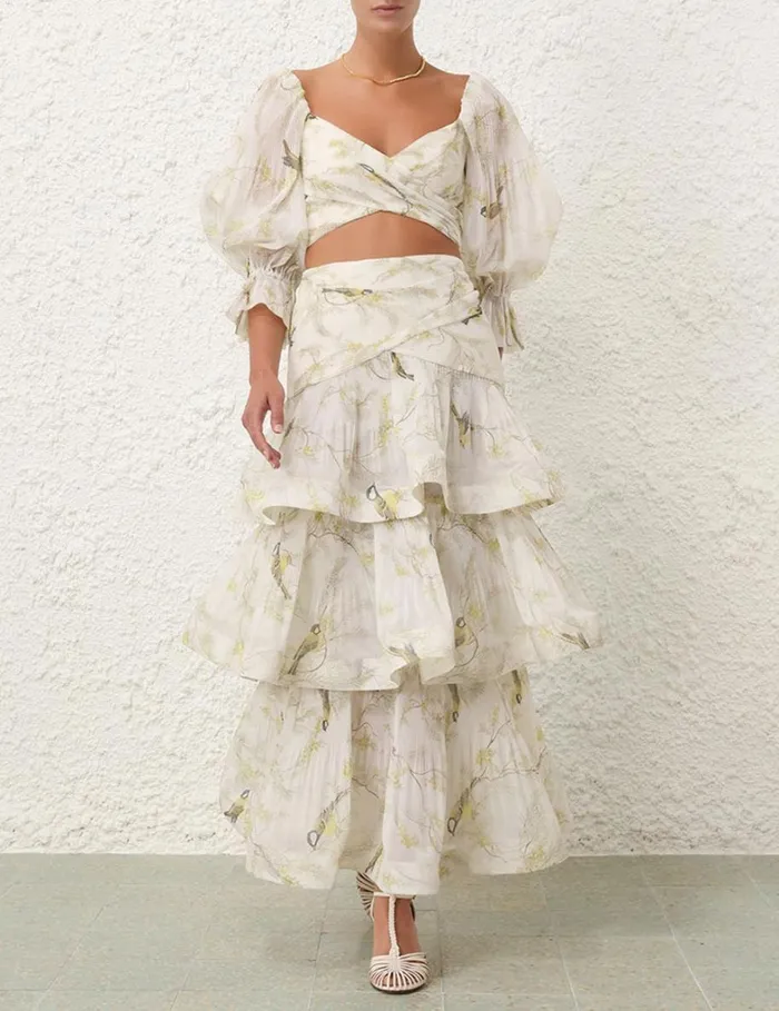 Women Clothing Zimmermann Pleated Tiered Skirt Acacia Birds