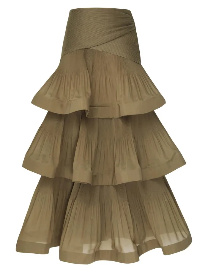 Women Clothing Zimmermann Pleated Tiered Skirt Olive