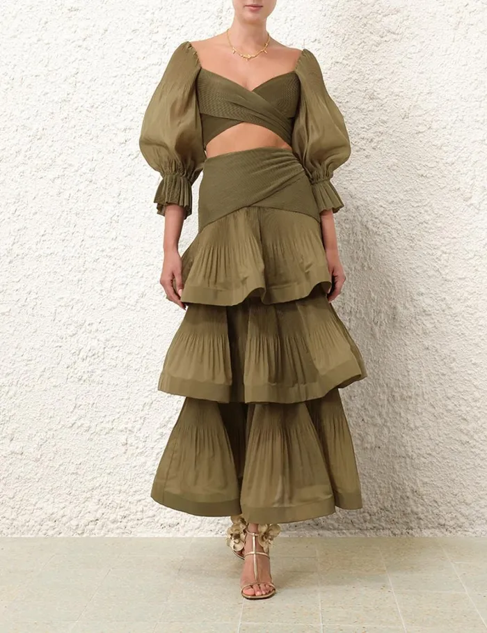 Women Clothing Zimmermann Pleated Tiered Skirt Olive