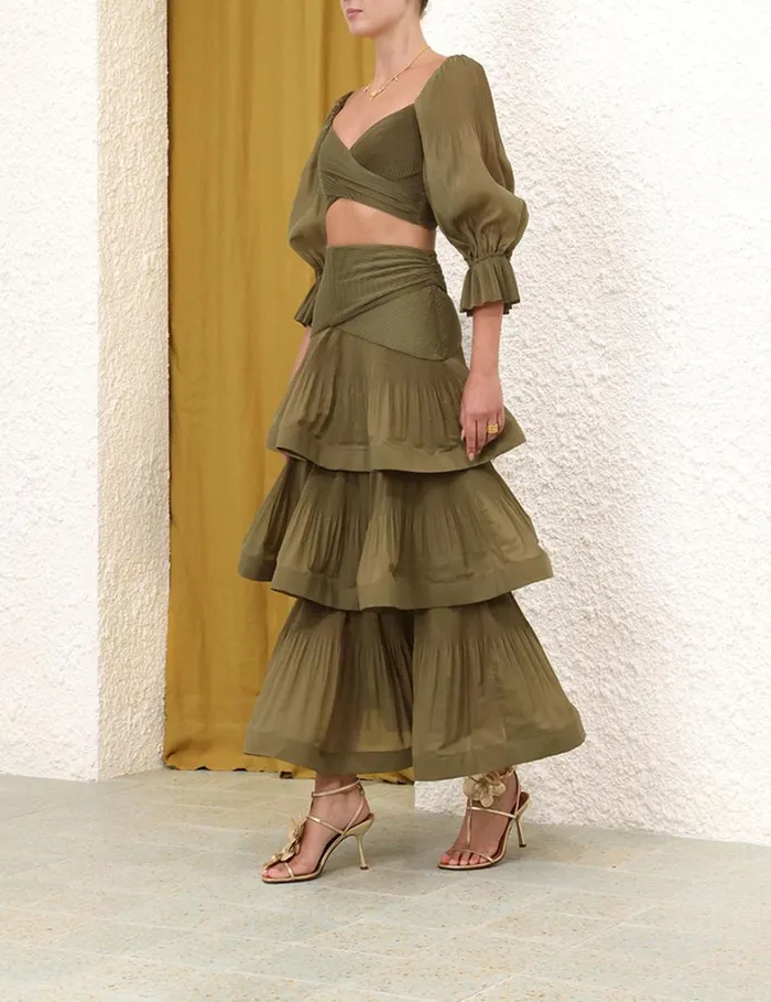 Women Clothing Zimmermann Pleated Tiered Skirt Olive