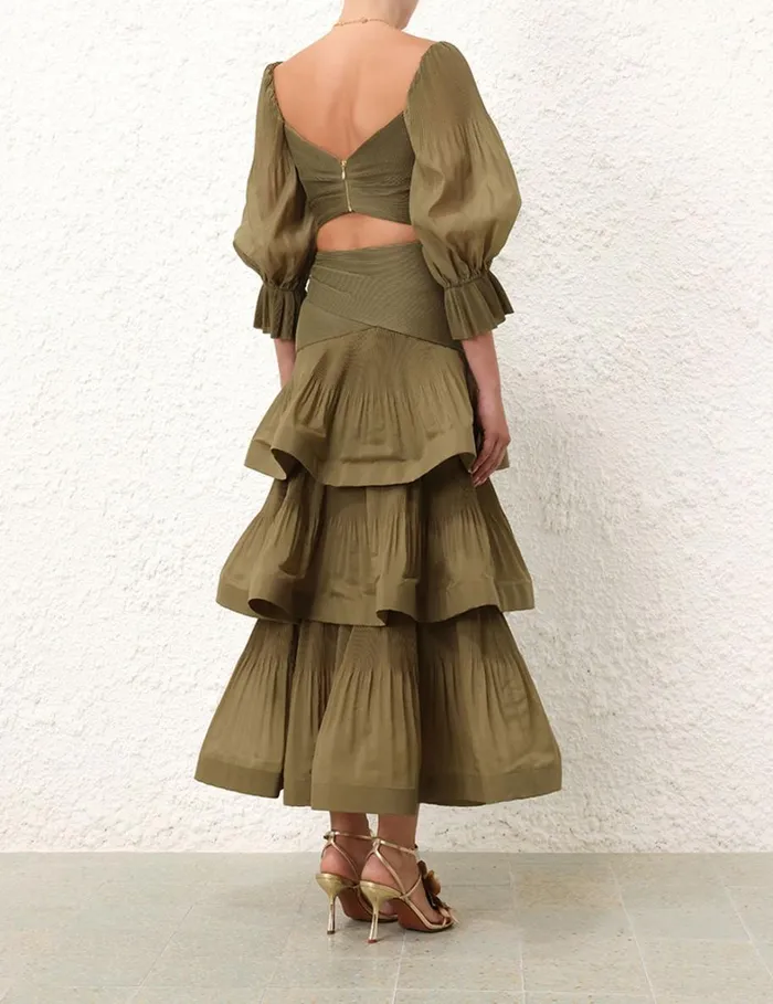 Women Clothing Zimmermann Pleated Tiered Skirt Olive