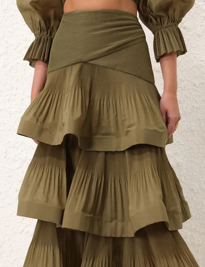 Women Clothing Zimmermann Pleated Tiered Skirt Olive