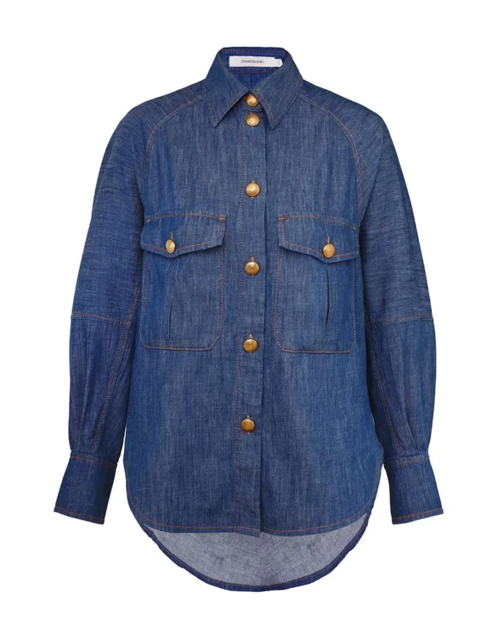 Women Clothing Zimmermann Raglan Denim Shirt Railway Blue