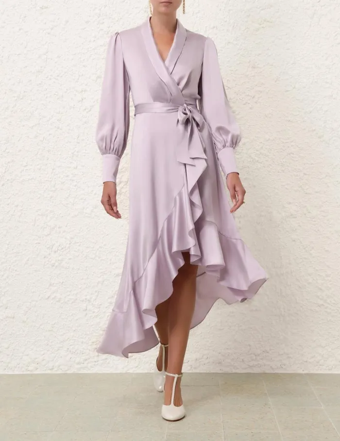 Women Clothing Zimmermann Silk Wrap Midi Dress Light Lavender