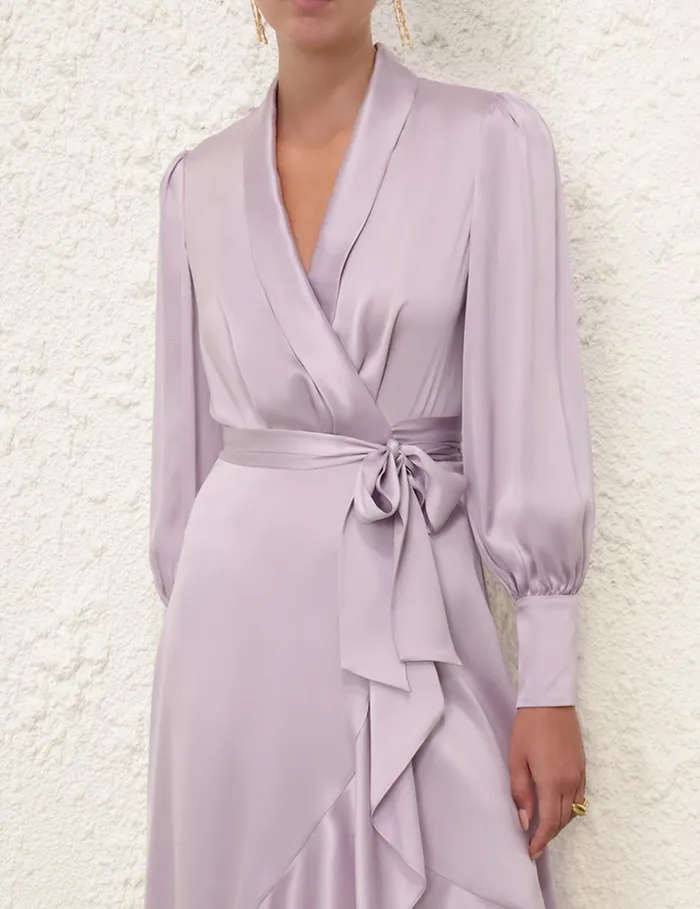 Women Clothing Zimmermann Silk Wrap Midi Dress Light Lavender