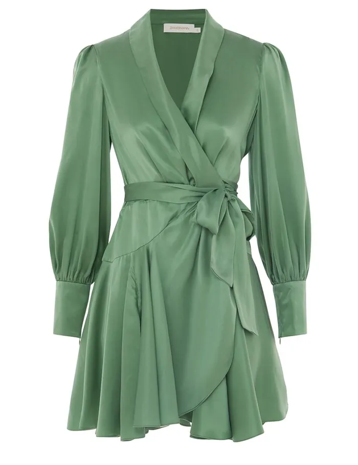 Women Clothing Zimmermann Silk Wrap Mini Dress Matcha