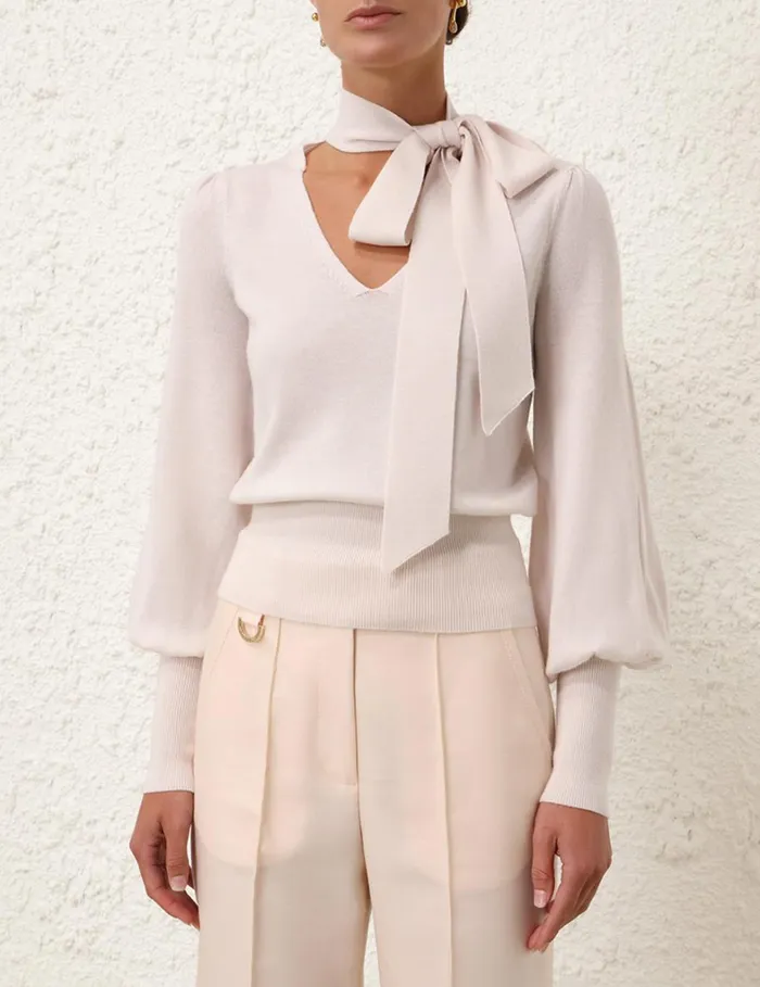 Women Clothing Zimmermann Tie Neck Sweater Cream