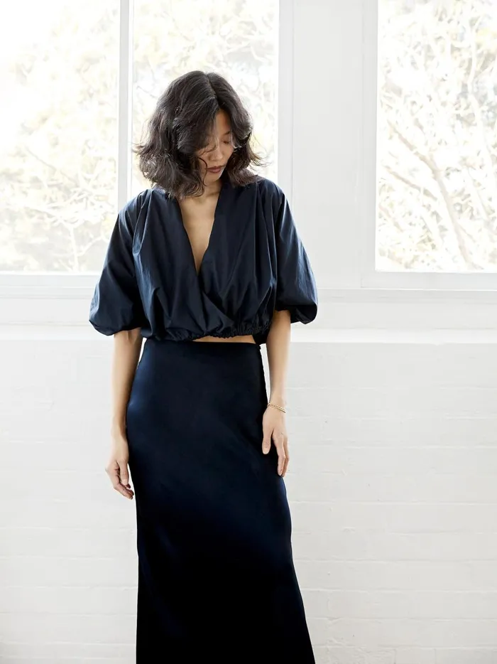 Women Collected Cross Front Blouse French Navy The UNDONE Tops