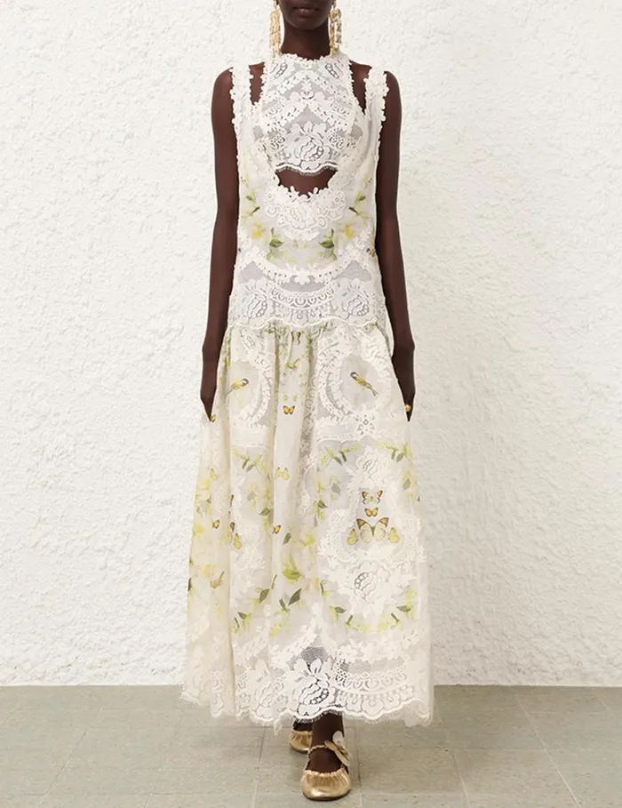 Women Dresses Zimmermann Harmony Lace Patch Gown Lemon Mixed Print