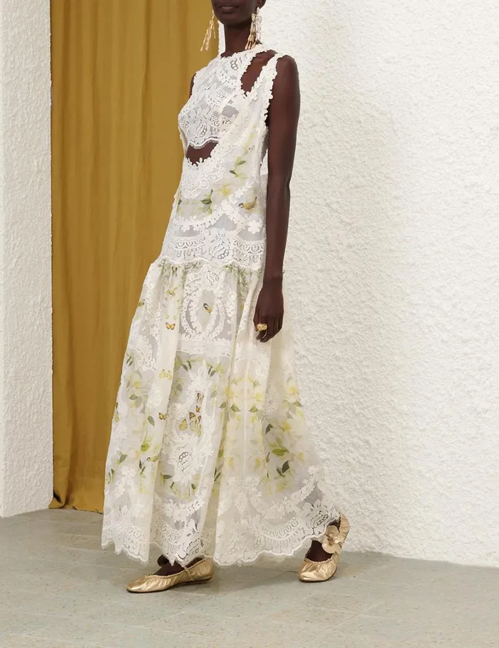 Women Dresses Zimmermann Harmony Lace Patch Gown Lemon Mixed Print