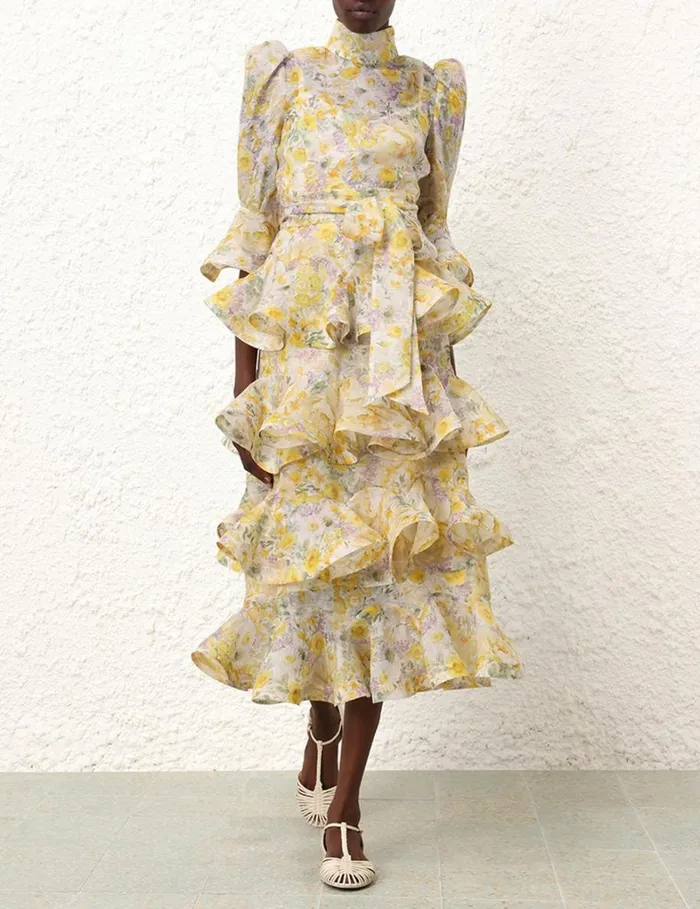 Women Dresses Zimmermann Harmony Tiered Midi Dress Citrus Garden Print