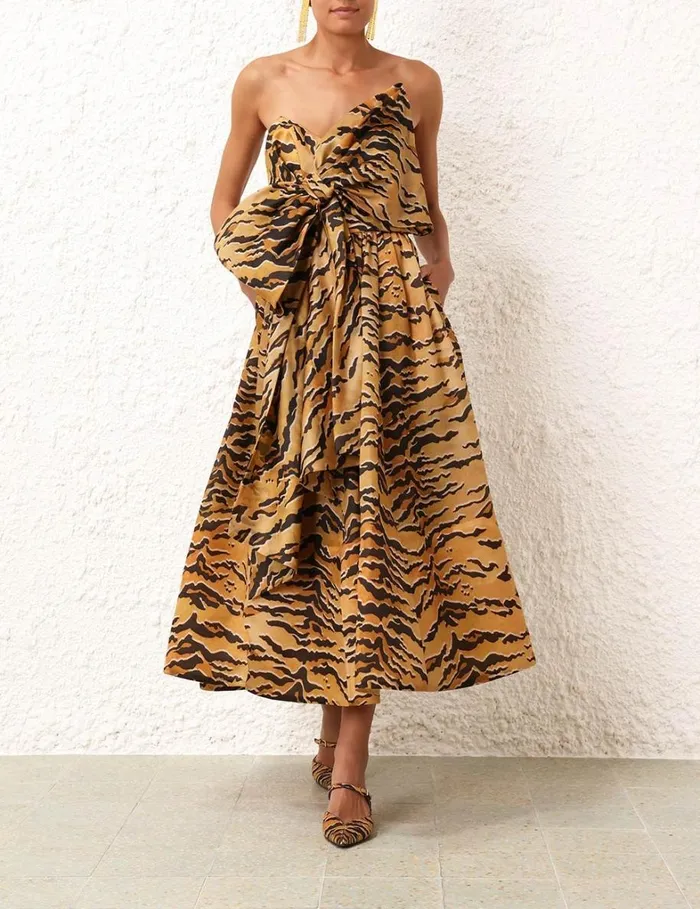 Women Dresses Zimmermann Matchmaker Bow Midi Dress Tan Tiger