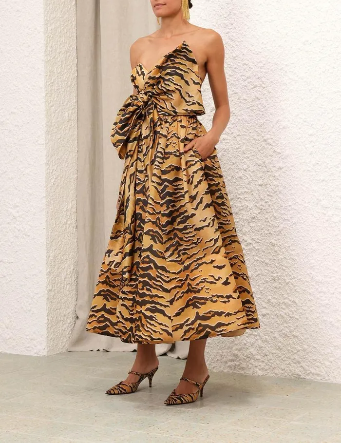 Women Dresses Zimmermann Matchmaker Bow Midi Dress Tan Tiger