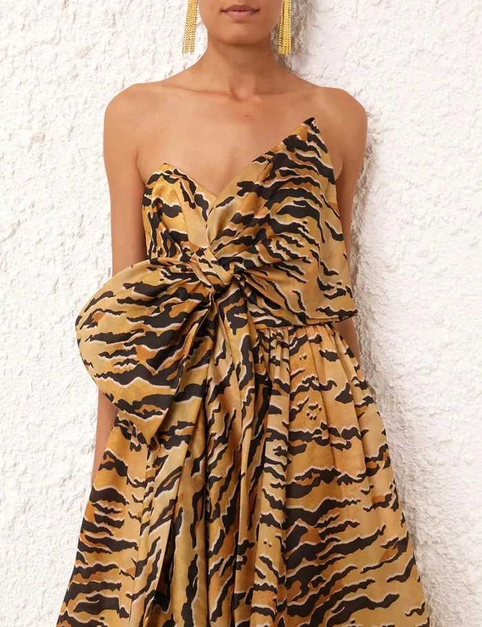 Women Dresses Zimmermann Matchmaker Bow Midi Dress Tan Tiger